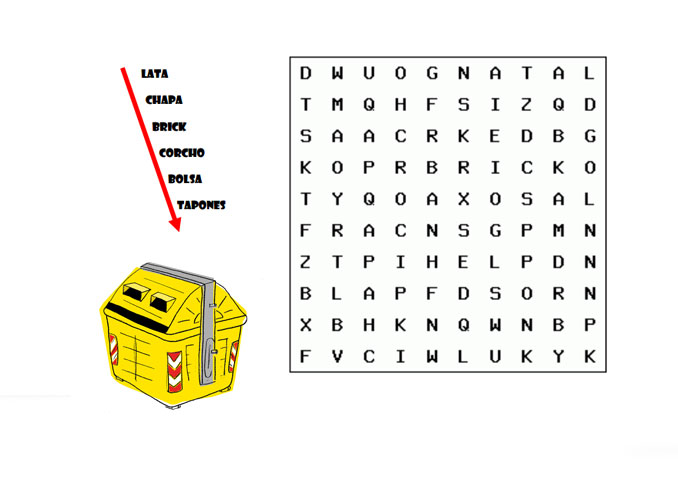 Sopa de letras, juego de reciclaje de plásticos